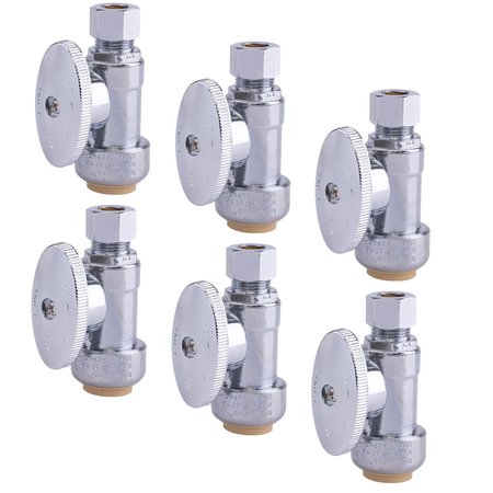 HAUSEN 1/2in Chrome-Pltd Brass Push-To- Connect x 3/8in OD Comprn Quarter-Turn Straight Stop Valve 6PK HA-SS105-6